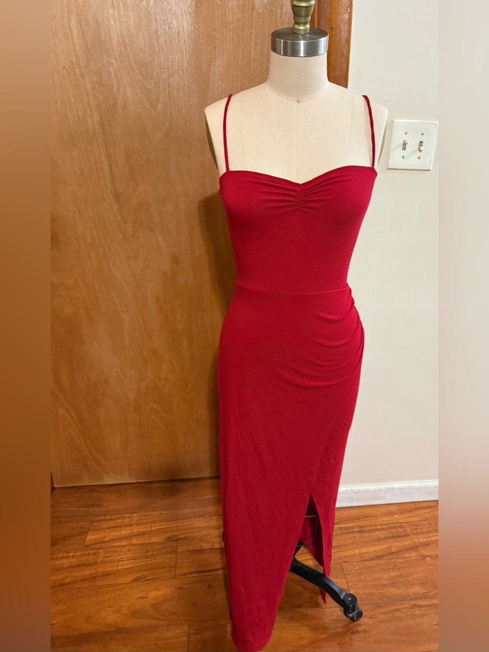 Reformation Red Ribbed Spaghetti Strap Midi Dress